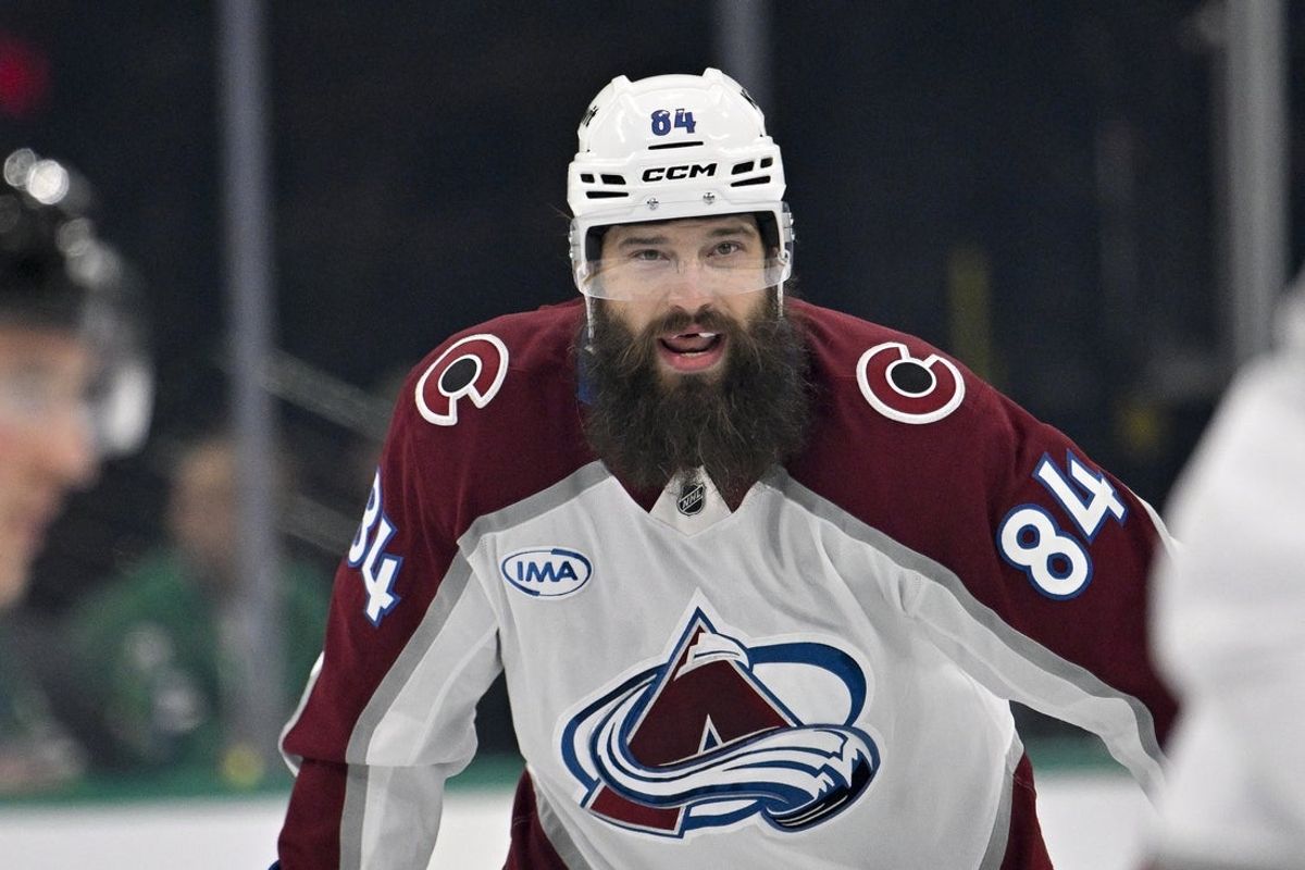 Apr 4, 2026; Dallas, Texas, USA; Colorado Avalanche defenseman Brent Burns (84) looks on during the first period against the Dallas Stars at the American Airlines Center. Mandatory Credit: Jerome Miron-Imagn Images