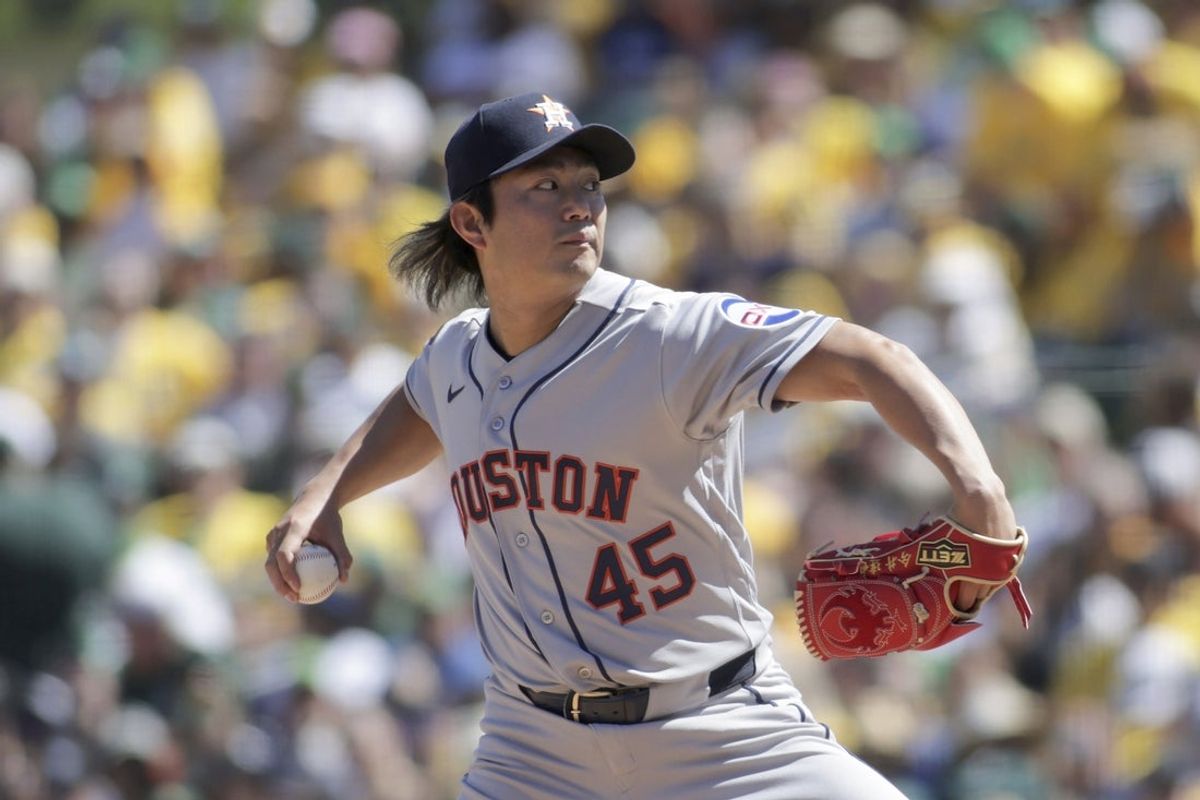 Apr 4, 2026; West Sacramento, California, USA; Houston Astros pitcher Tatsuya Imai (45) throws to an Athletics batter during the second inning at Sutter Health Park. Mandatory Credit: Scott Marshall-Imagn Images