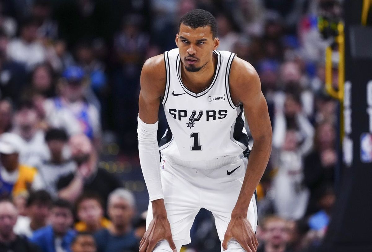 Apr 4, 2026; Denver, Colorado, USA; San Antonio Spurs forward Victor Wembanyama (1) during the second half against the Denver Nuggets at Ball Arena. Mandatory Credit: Ron Chenoy-Imagn Images