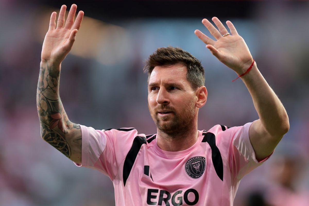 Apr 4, 2026; Miami, Florida, USA; Inter Miami CF forward Lionel Messi (10) waves during warmups prior to the game against Austin FC at Nu Stadium. Mandatory Credit: Sam Navarro-Imagn Images