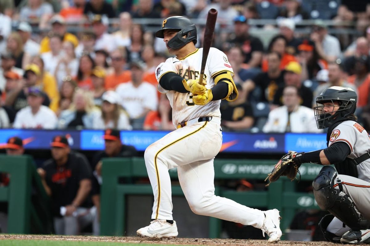 Apr 4, 2026; Pittsburgh, Pennsylvania, USA;  Pittsburgh Pirates designated hitter Nick Yorke (38) hits a game winning walk-off single to defeat the Baltimore Orioles in the ninth inning at PNC Park. Mandatory Credit: Charles LeClaire-Imagn Images