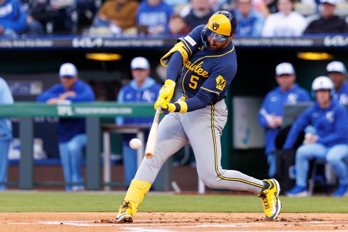Apr 4, 2026; Kansas City, Missouri, USA; Milwaukee Brewers center fielder Garrett Mitchell (5) at bat during the first inning against the Kansas City Royals at Kauffman Stadium. Mandatory Credit: William Purnell-Imagn Images