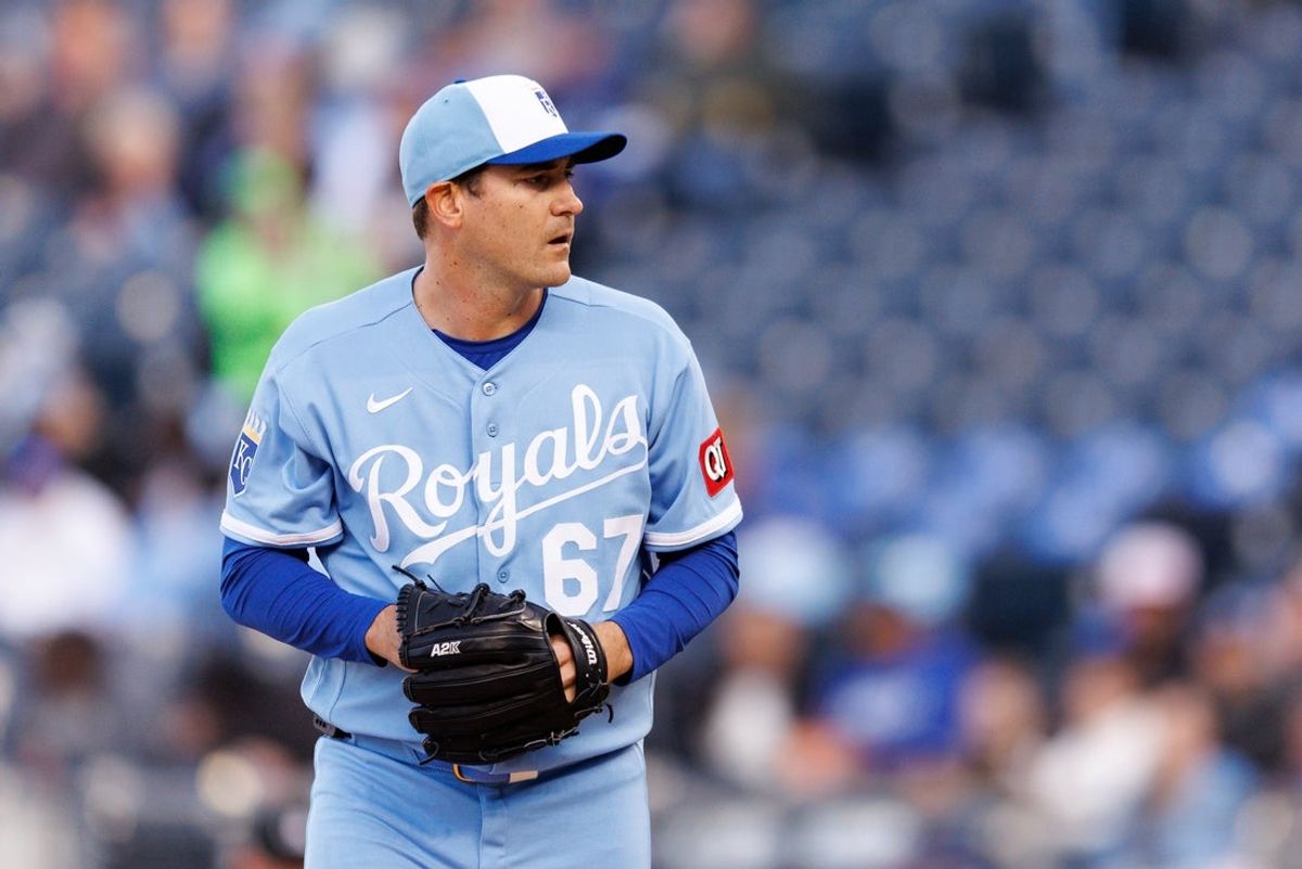 Apr 4, 2026; Kansas City, Missouri, USA; Kansas City Royals pitcher Seth Lugo (67) on the mound during the second inning against the Milwaukee Brewers at Kauffman Stadium. Mandatory Credit: William Purnell-Imagn Images