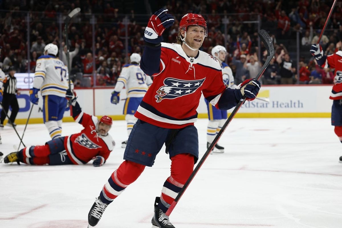 Apr 4, 2026; Washington, District of Columbia, USA; Washington Capitals defenseman Jakob Chychrun (6) celebrates after scoring a goal against the Buffalo Sabres during the first period at Capital One Arena. Mandatory Credit: Geoff Burke-Imagn Images