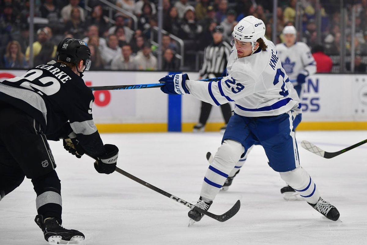 Apr 4, 2026; Los Angeles, California, USA; Toronto Maple Leafs left wing Matthew Knies (23) scores a goal against the Los Angeles Kings during the first period at Crypto.com Arena. Mandatory Credit: Gary A. Vasquez-Imagn Images