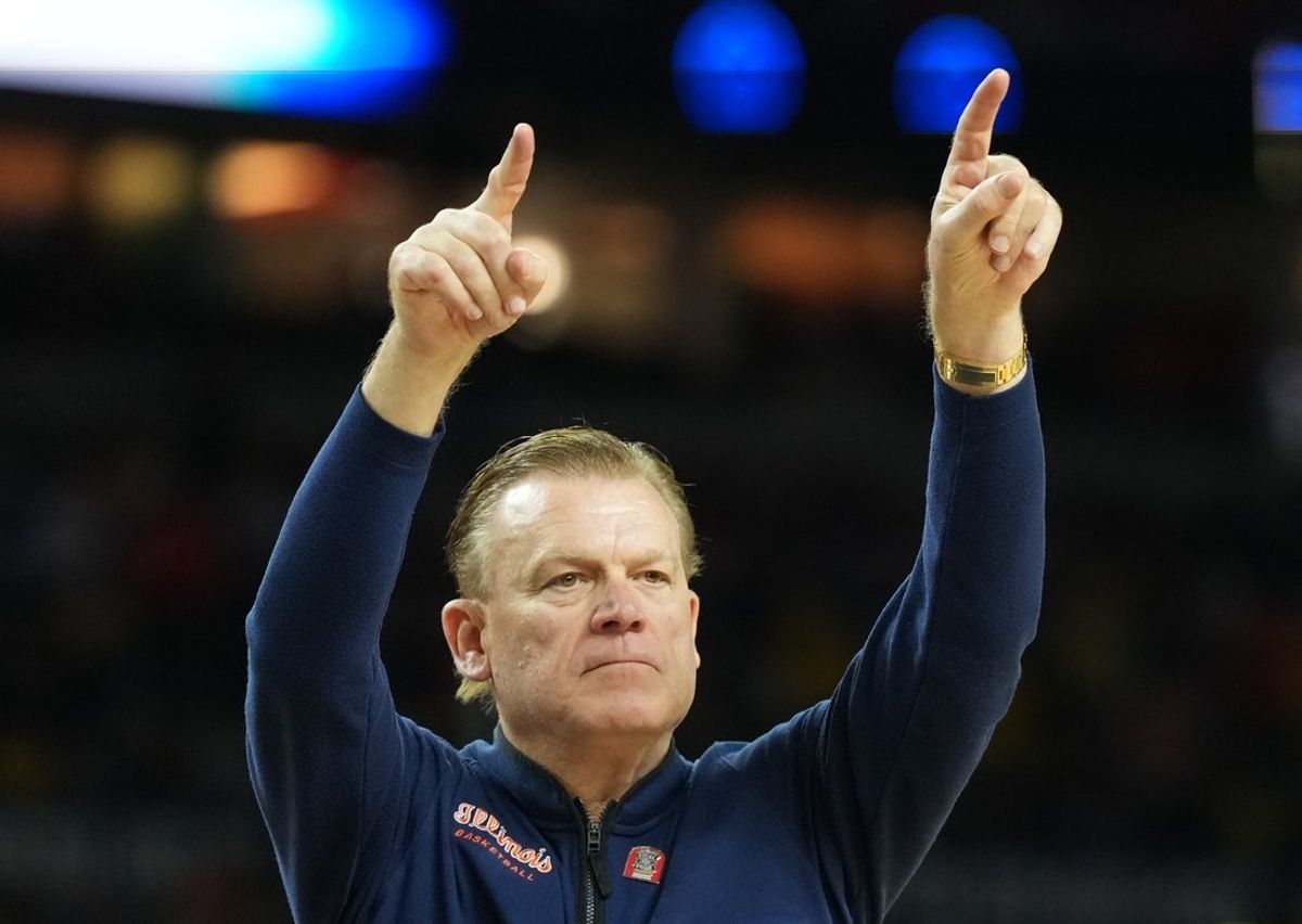 Apr 4, 2026; Indianapolis, IN, USA;  Illinois Fighting Illini head coach Brad Underwood reacts against the Connecticut Huskies in the second half during a semifinal of the Final Four of the men's 2026 NCAA Tournament at Lucas Oil Stadium. Mandatory Credit: Robert Deutsch-Imagn Images