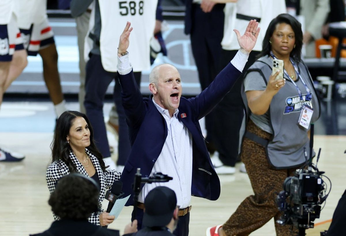 Apr 4, 2026; Indianapolis, IN, USA; UConn Huskies head coach Dan Hurley celebrates after defeating the Illinois Fighting Illini in a semifinal of the Final Four of the men's 2026 NCAA Tournament at Lucas Oil Stadium. Mandatory Credit: Trevor Ruszkowski-Imagn Images