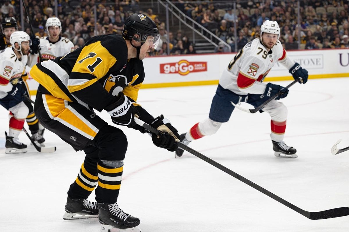 Apr 4, 2026; Pittsburgh, Pennsylvania, USA; Pittsburgh Penguins center Evgeni Malkin (71) skates with the puck against the Florida Panthers during the first period at PPG Paints Arena. Mandatory Credit: Mark Alberti-Imagn Images