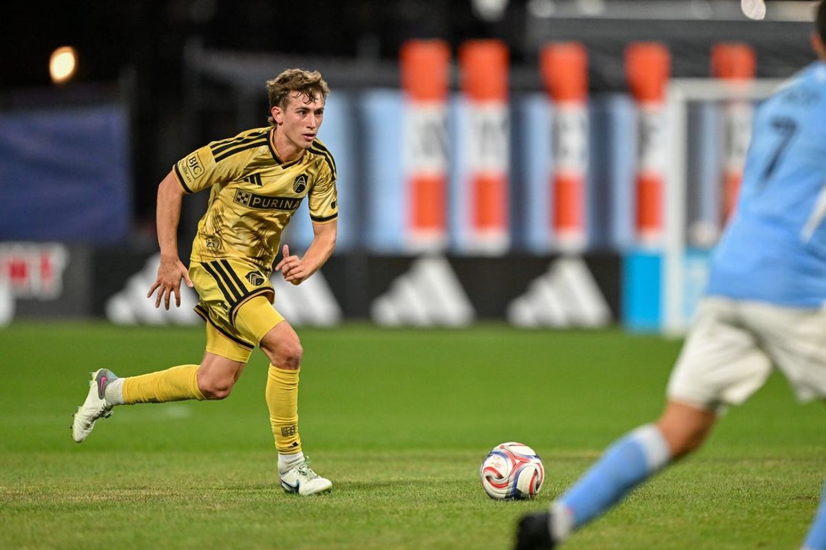 Apr 4, 2026; New York, New York, USA; St. Louis City SC midfielder Daniel Edelman (24) runs with the ball during the first half against New York City FC at Yankee Stadium. Mandatory Credit: Mark Smith-Imagn Images