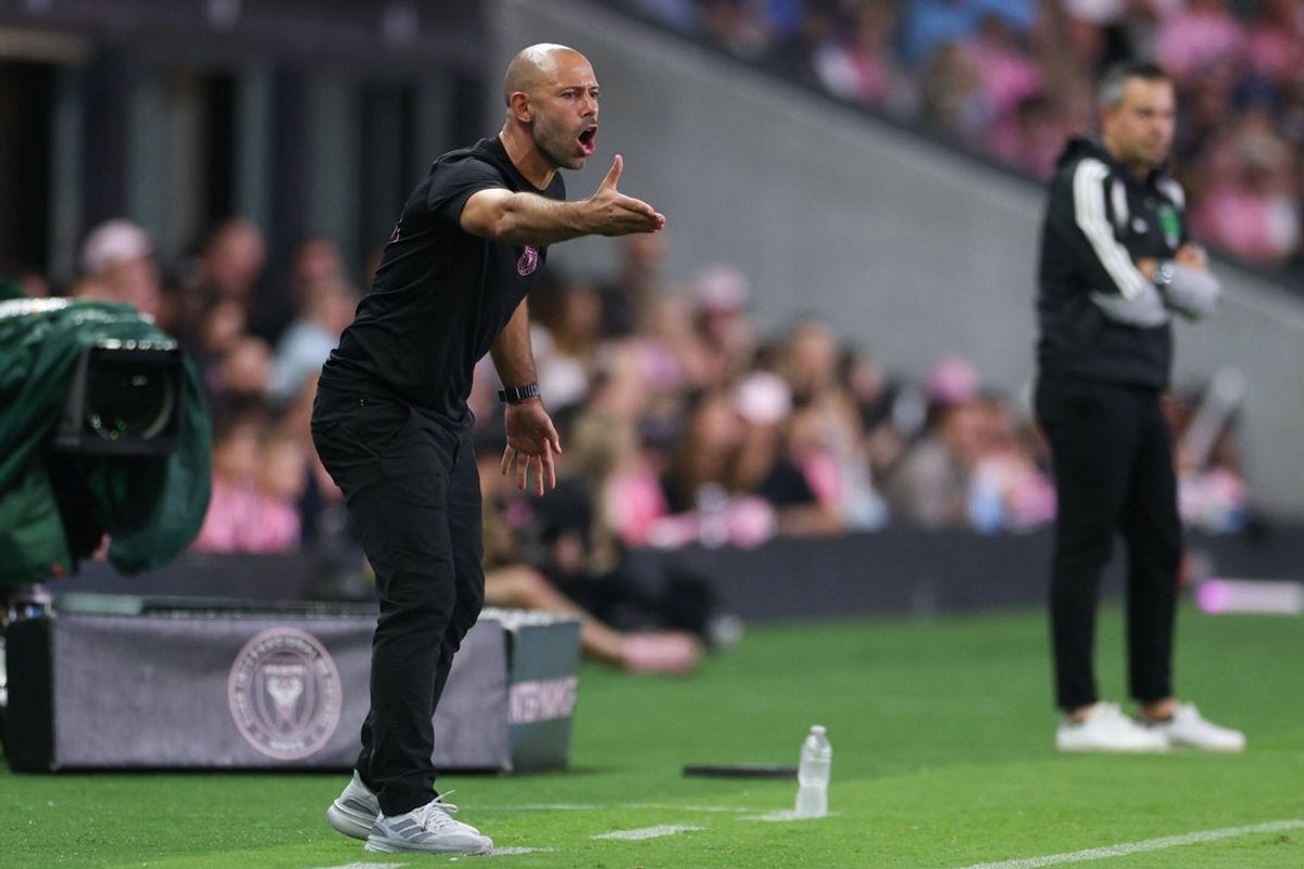 Apr 4, 2026; Miami, Florida, USA; Inter Miami CF manager Javier Mascherano reacts during the first half against Austin FC at Nu Stadium. Mandatory Credit: Nathan Ray Seebeck-Imagn Images