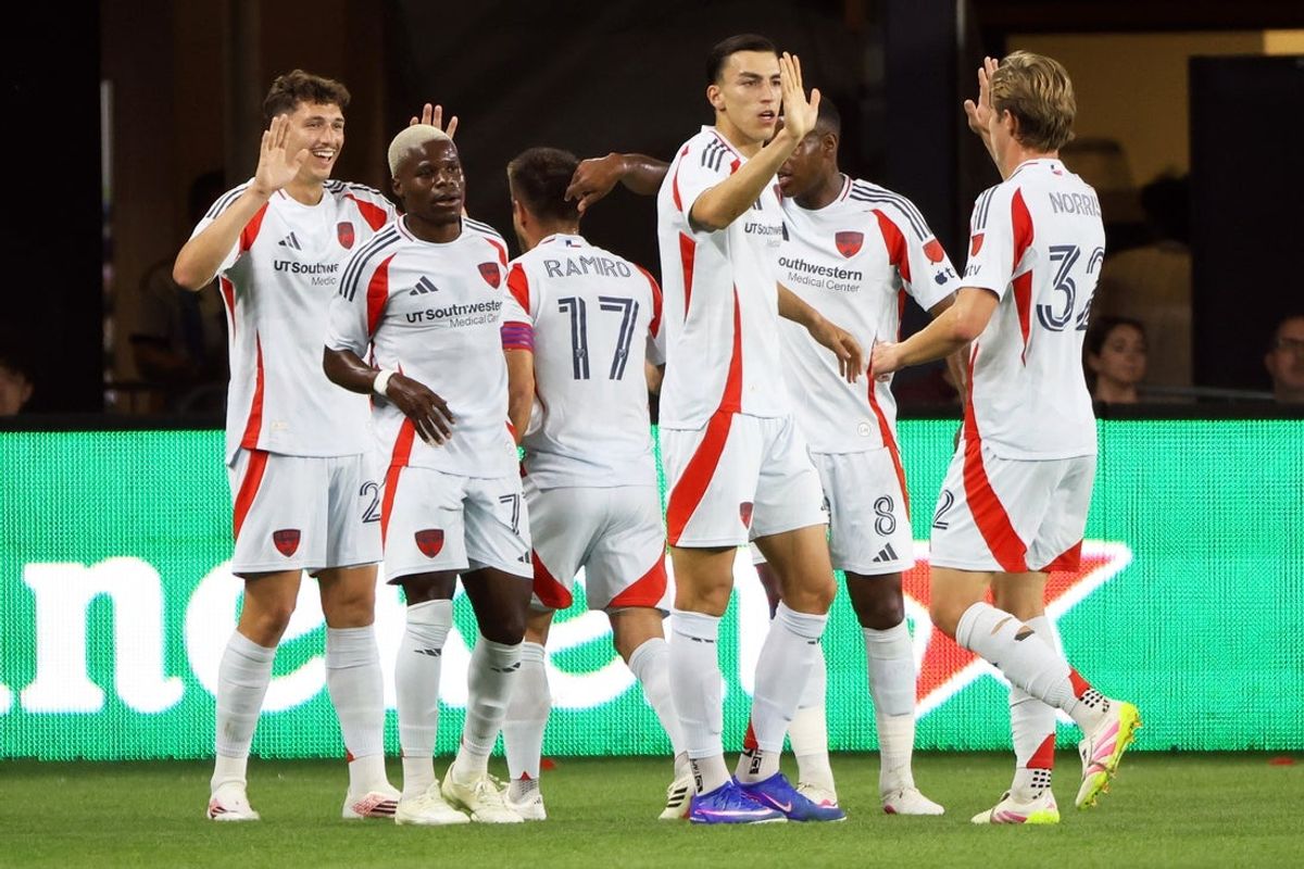 Apr 4, 2026; Washington, District of Columbia, USA; FC Dallas players celebrate after a goal during the first half at Audi Field. Mandatory Credit: Daniel Kucin Jr.-Imagn Images