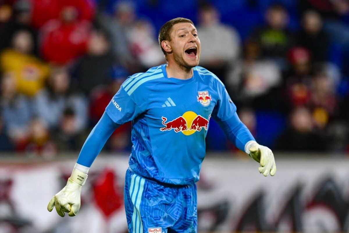 Apr 4, 2026; Harrison, New Jersey, USA; Red Bull New York goalkeeper Ethan Horvath (34) reacts during the first half against FC Cincinnati at Sports Illustrated Stadium. Mandatory Credit: John Jones-Imagn Images