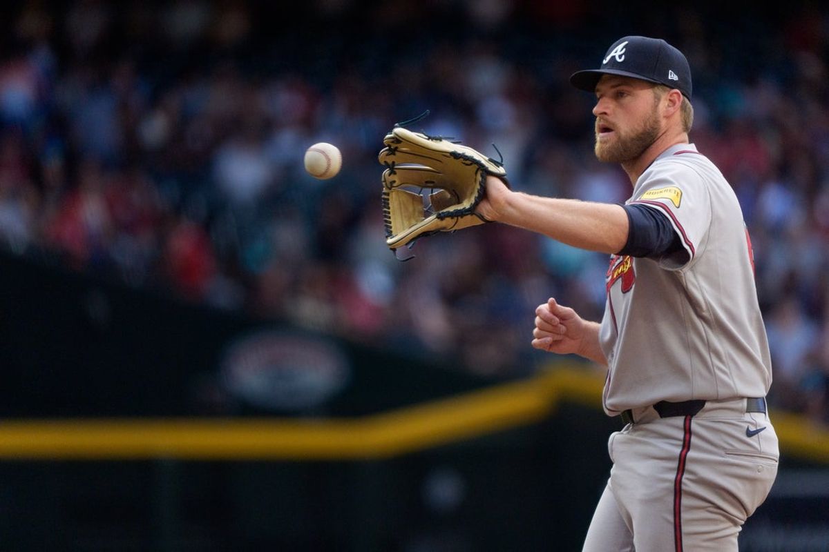 Apr 4, 2026; Phoenix, Arizona, USA; Atlanta Braves pitcher pitcher Bryce Elder (55) on the mound in the second inning of a game against the Arizona Diamondbacks at Chase Field. Mandatory Credit: Allan Henry-Imagn Images