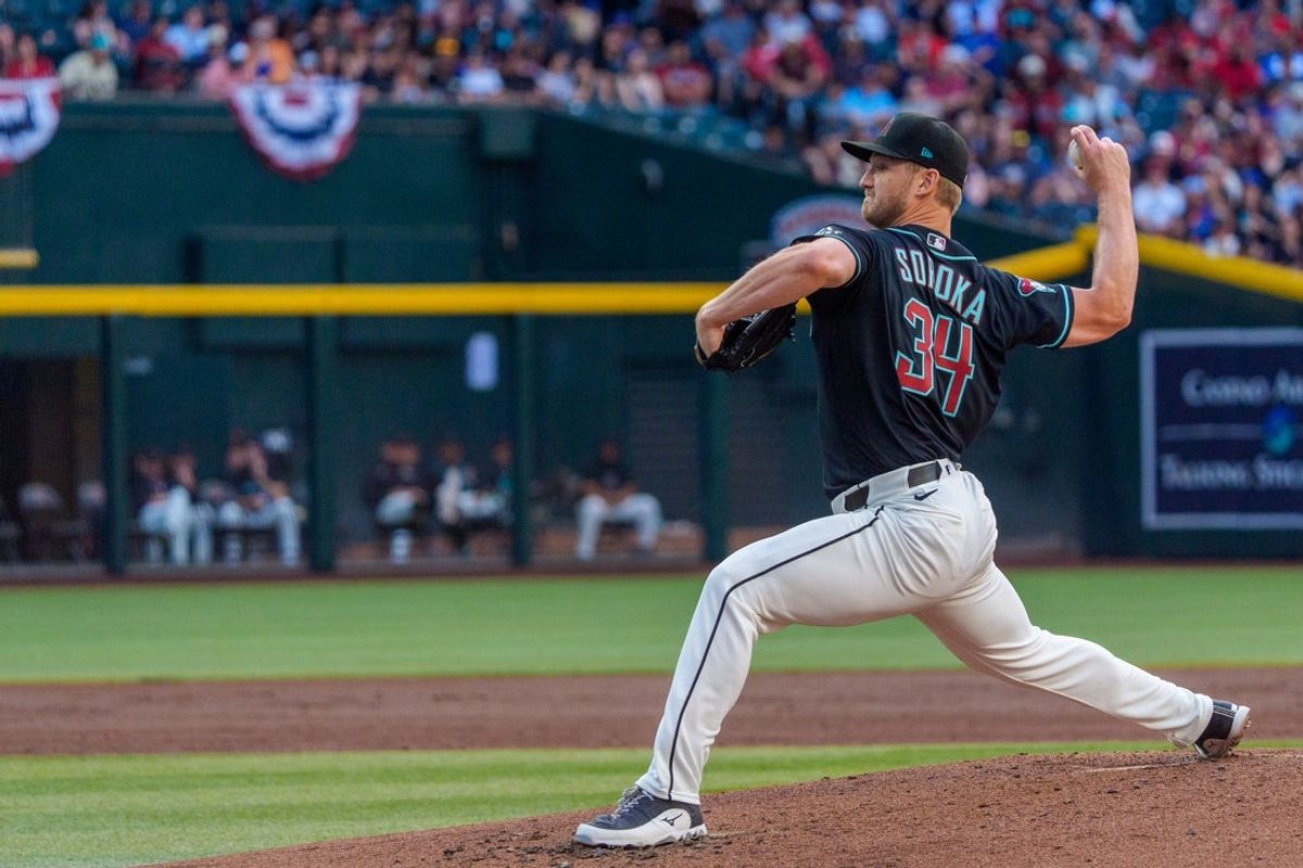 Apr 4, 2026; Phoenix, Arizona, USA; Arizona Diamondbacks pitcher Michael Soroka (34) on the mound during the second inning of a game against the Atlanta Braves at Chase Field. Mandatory Credit: Allan Henry-Imagn Images