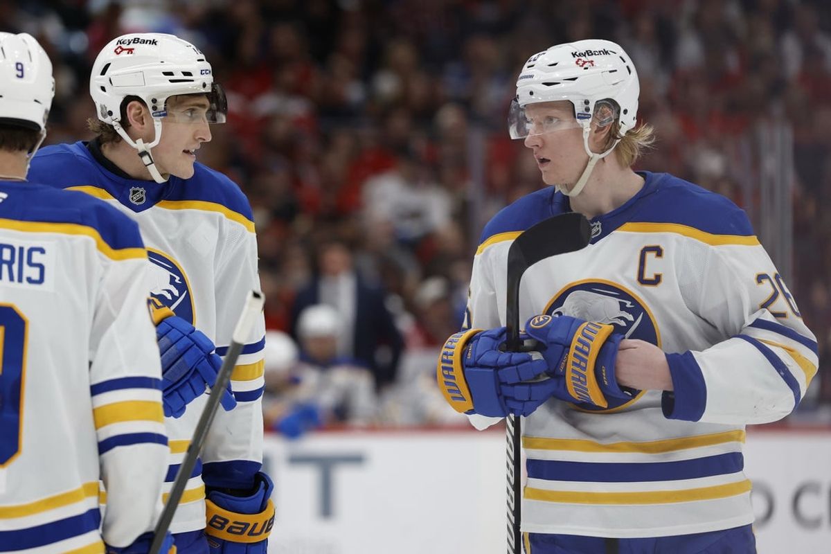 Apr 4, 2026; Washington, District of Columbia, USA; Buffalo Sabres center Tage Thompson (72) talks with Sabres defenseman Rasmus Dahlin (26) prior top a face-off against the Washington Capitals during the second period at Capital One Arena. Mandatory Credit: Geoff Burke-Imagn Images