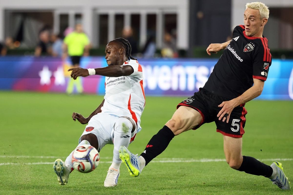 Apr 4, 2026; Washington, District of Columbia, USA; FC Dallas forward Santiago Moreno (10) takes a shot on goal past D.C. United defender Silvan Hefti (5) during the second at Audi Field. Mandatory Credit: Daniel Kucin Jr.-Imagn Images