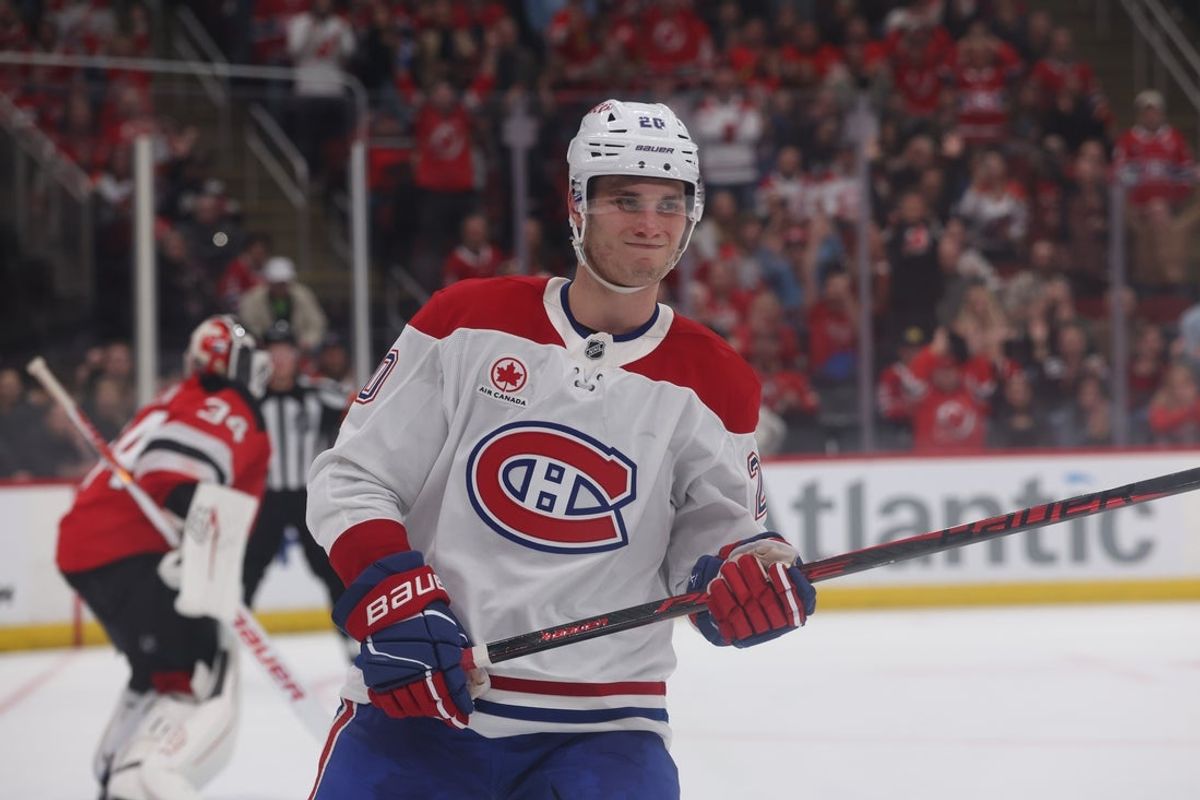 Apr 4, 2026; Newark, New Jersey, USA; Montréal Canadiens left wing Juraj Slafkovský (20) reacts to missing a shot in the penalty shootout against the New Jersey Devils during overtime at Prudential Center. Mandatory Credit: Thomas Salus-Imagn Images
