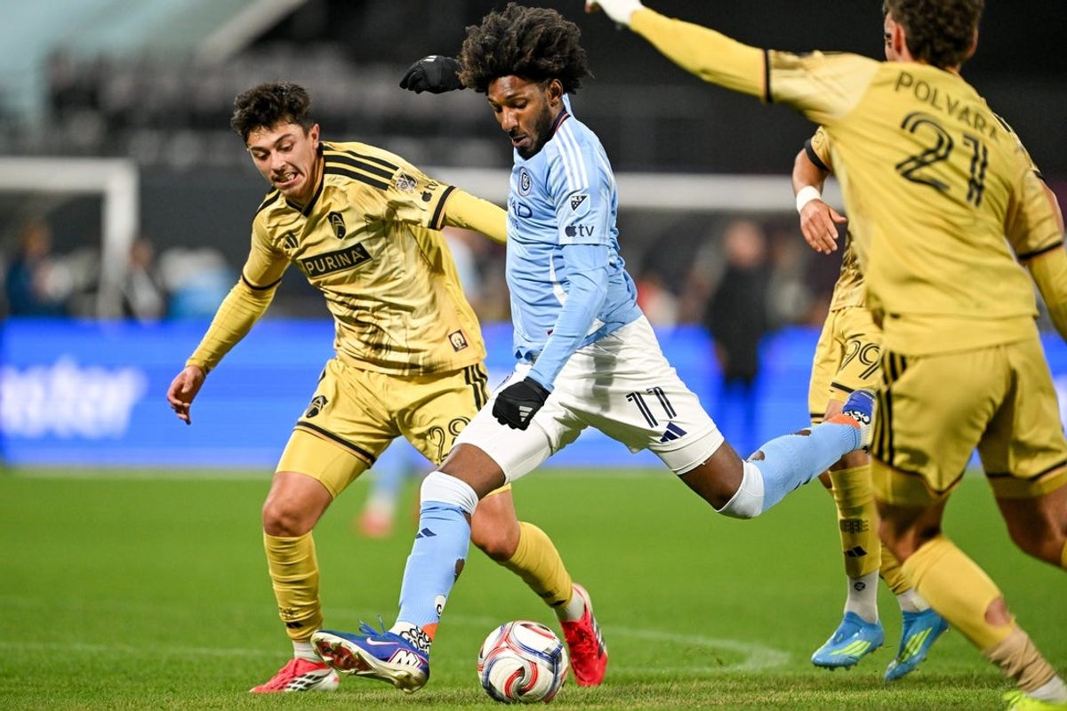 Apr 4, 2026; New York, New York, USA; New York City FC forward Talles Magno (11) looks to shoot the ball defended by St. Louis City SC midfielder Miguel Perez (28) during the second half at Citi Field. Mandatory Credit: Mark Smith-Imagn Images