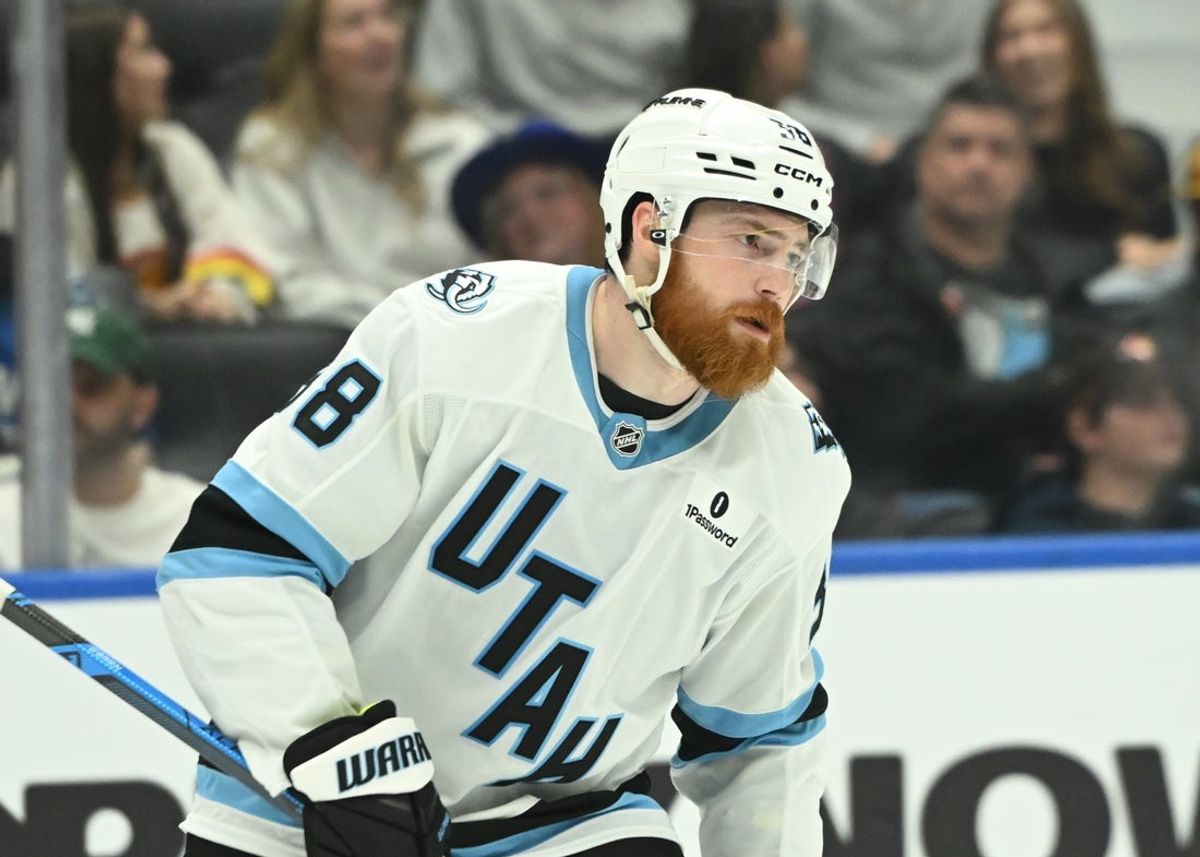 Apr 4, 2026; Vancouver, British Columbia, CAN; Utah Mammoth center Liam O'Brien (38) celebrates his goal against the Vancouver Canucks during the third period at Rogers Arena. Mandatory Credit: Simon Fearn-Imagn Images