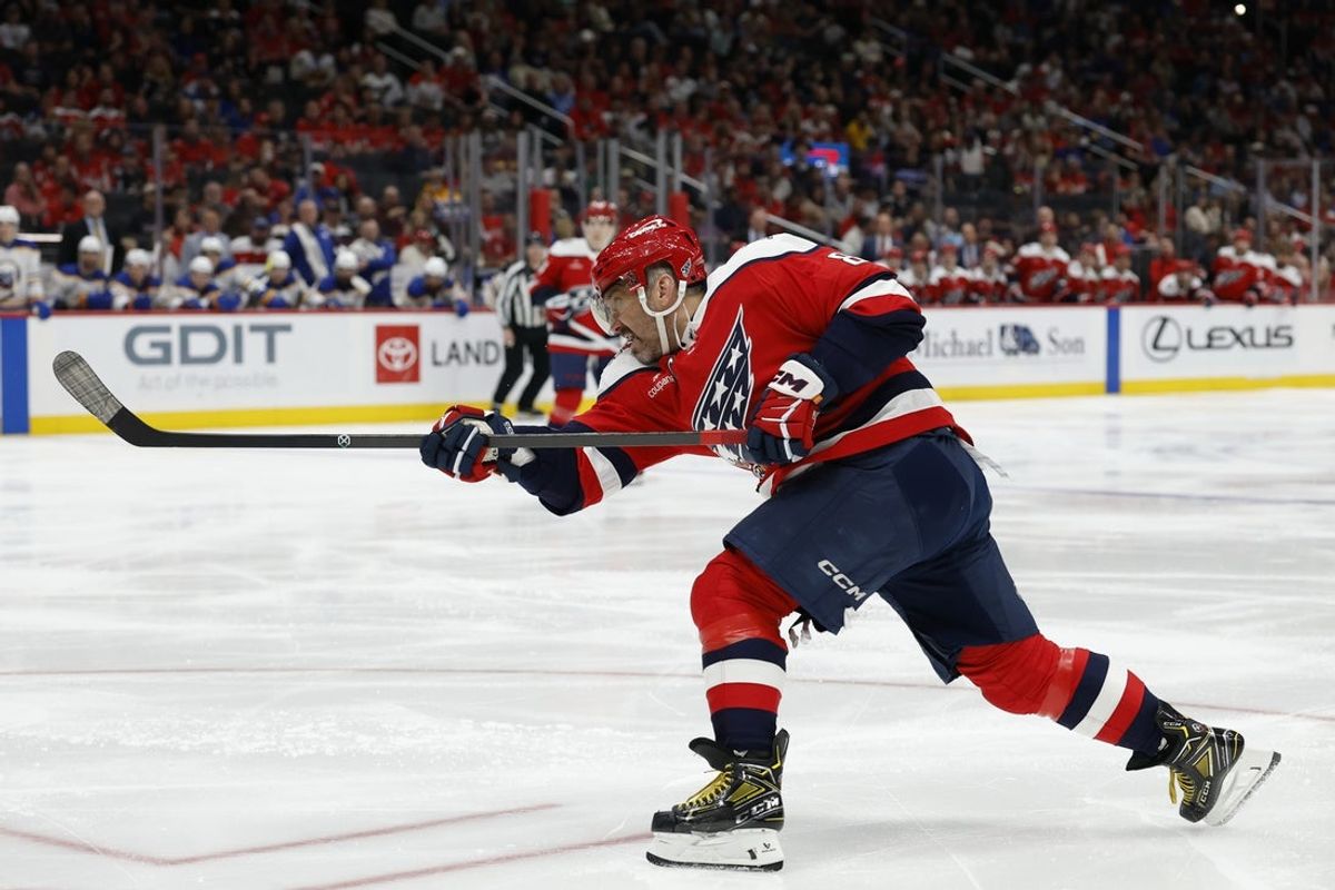 Apr 4, 2026; Washington, District of Columbia, USA; Washington Capitals left wing Alex Ovechkin (8) shoots the puck against the Buffalo Sabres during the third period at Capital One Arena. Mandatory Credit: Geoff Burke-Imagn Images