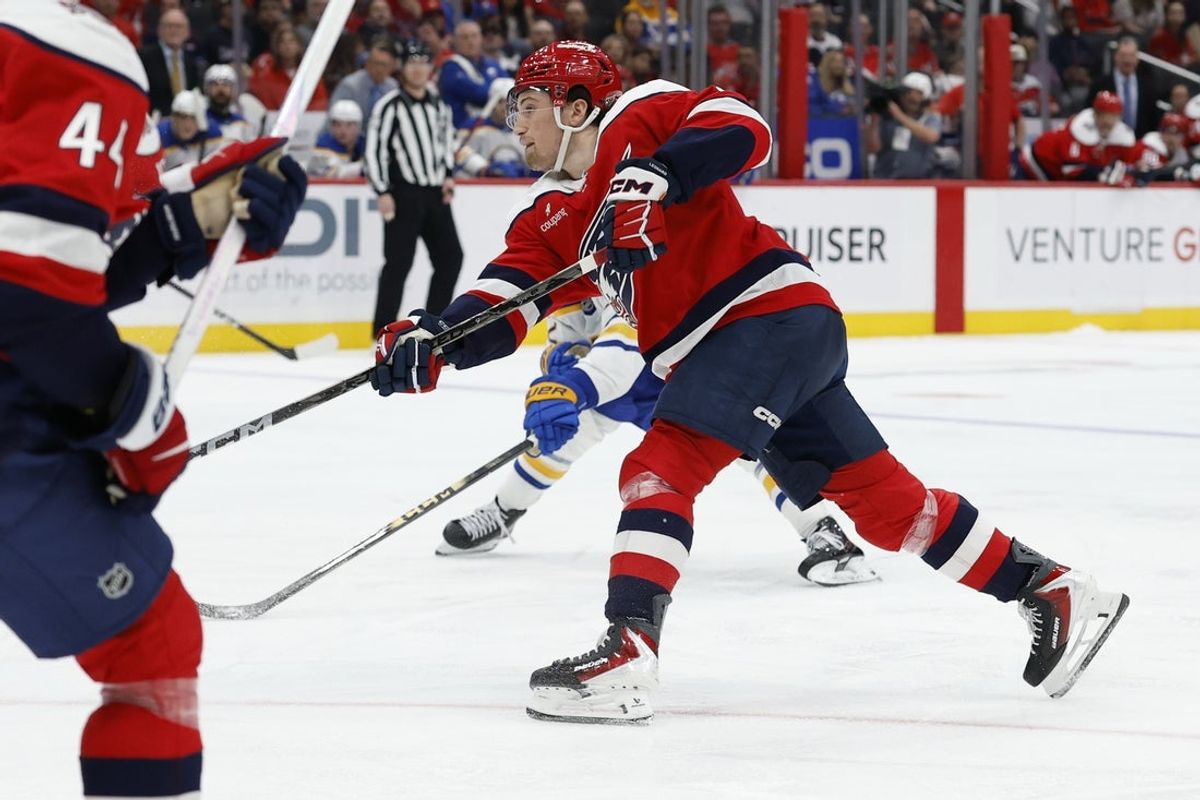 Apr 4, 2026; Washington, District of Columbia, USA; Washington Capitals right wing Ryan Leonard (9) scores a goal against the Buffalo Sabres during the third period at Capital One Arena. Mandatory Credit: Geoff Burke-Imagn Images