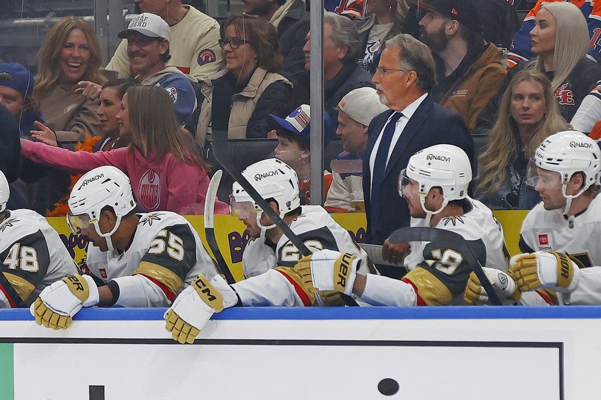 Apr 4, 2026; Edmonton, Alberta, CAN; Vegas Golden Knights head coach John Tortorella follows the play during the first period against the Edmonton Oilers at Rogers Place. Mandatory Credit: Perry Nelson-Imagn Images