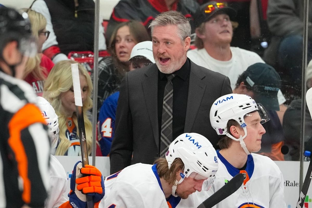 Apr 4, 2026; Raleigh, North Carolina, USA;  New York Islanders head coach Patrick Roy reacts against the Carolina Hurricanes during the first period at Lenovo Center. Mandatory Credit: James Guillory-Imagn Images