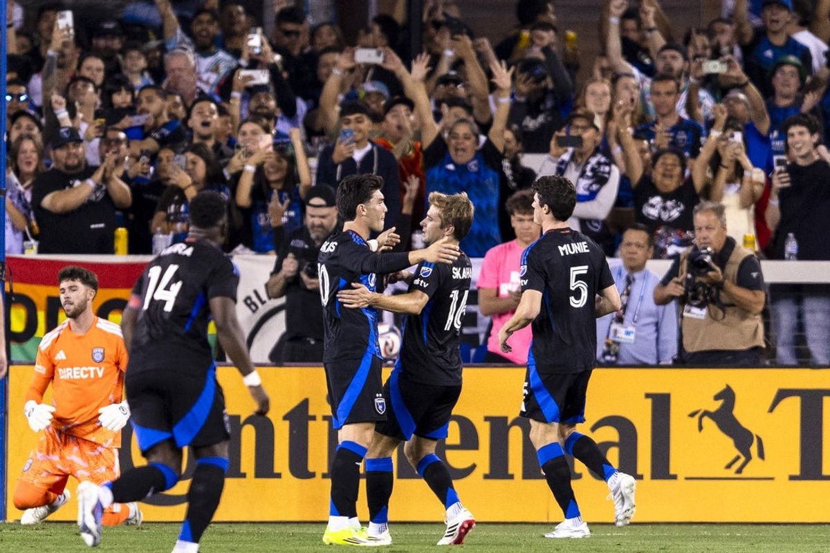 Apr 4, 2026; San Jose, California, USA;  San Jose Earthquakes midfielder Niko Tsakiris (10) is congratulated by midfielder Jack Skahan (16) and other players after he converted a penalty kick against the San Diego FC during the first half at PayPal Park. Mandatory Credit: John Hefti-Imagn Images