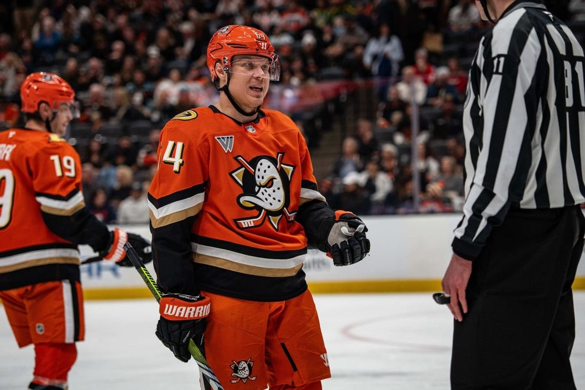 Apr 4, 2026; Anaheim, California, USA; Anaheim Ducks center Mikael Granlund (64) talks with ref during the second period against the Calgary Flames at Honda Center. Mandatory Credit: Corinne Votaw-Imagn Images