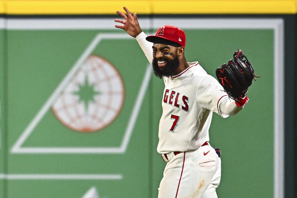 Apr 4, 2026; Anaheim, California, USA; Los Angeles Angels right fielder Jo Adell (7) reacts after making a catch against the Seattle Mariners during the ninth inning at Angel Stadium. Mandatory Credit: Jonathan Hui-Imagn Images