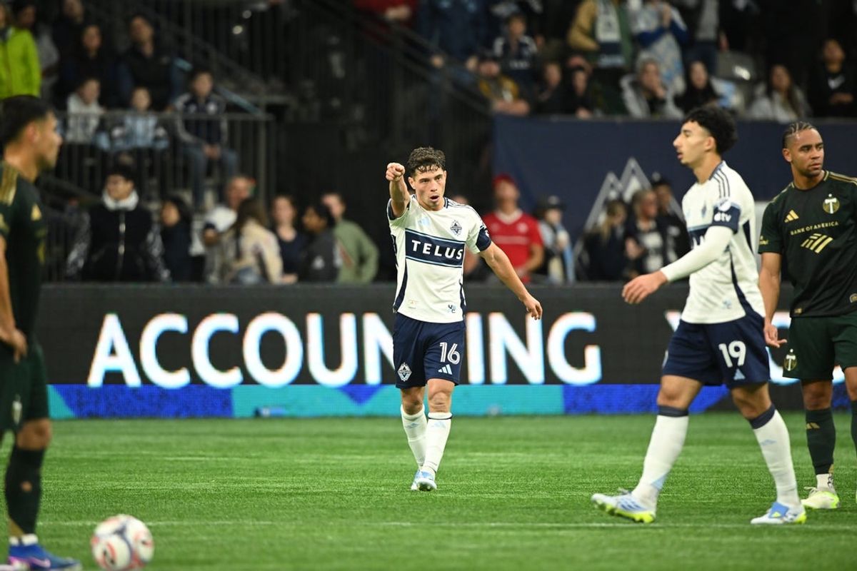 Apr 4, 2026; Vancouver, British Columbia, CAN;  Vancouver Whitecaps FC midfielder Sebastian Berhalter (16) celebrates scoring in added time against the Portland Timbers at BC Place. Mandatory Credit: Anne-Marie Sorvin-Imagn Images