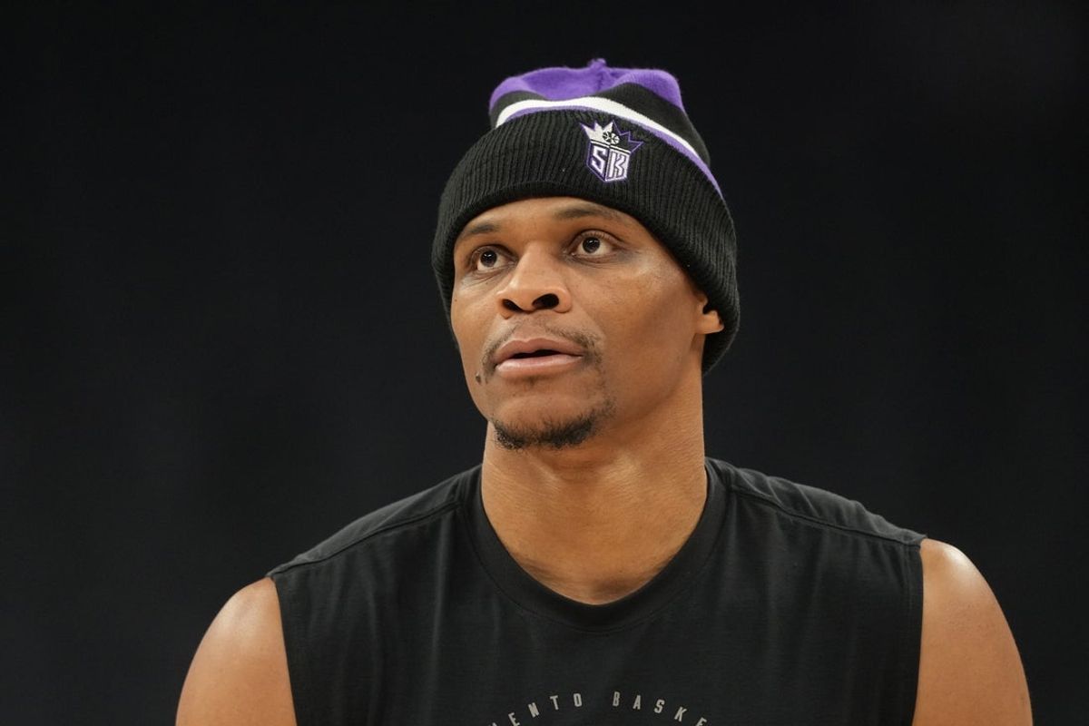 Apr 3, 2026; Sacramento, California, USA; Sacramento Kings guard Russell Westbrook (18) before the game against the New Orleans Pelicans at Golden 1 Center. Mandatory Credit: Darren Yamashita-Imagn Images