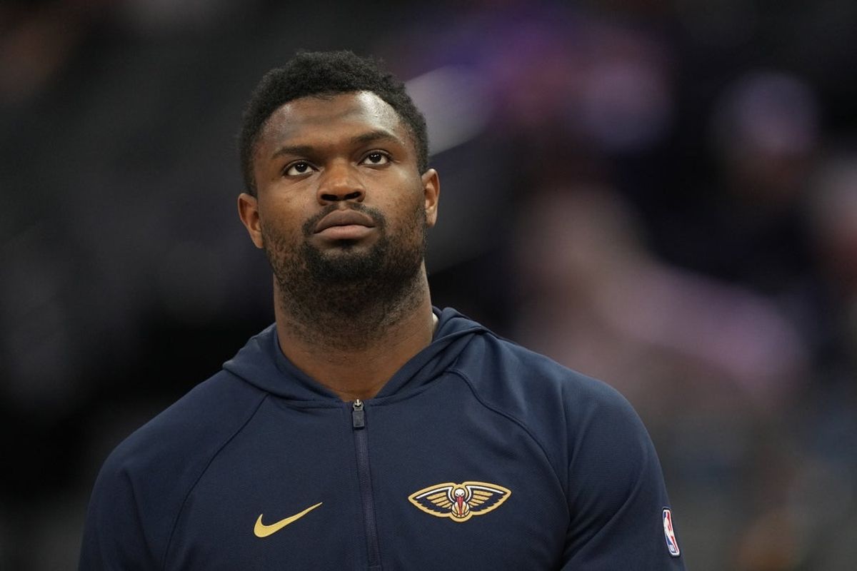 Apr 3, 2026; Sacramento, California, USA; New Orleans Pelicans forward Zion Williamson (1) before the game against the Sacramento Kings at Golden 1 Center. Mandatory Credit: Darren Yamashita-Imagn Images
