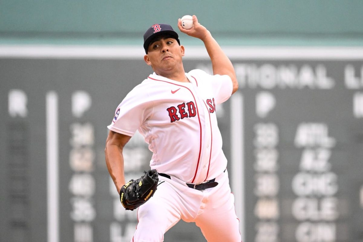 Apr 5, 2026; Boston, Massachusetts, USA; Boston Red Sox starting pitcher Ranger Suarez (55) pitches against the San Diego Padres during the first inning at Fenway Park. Mandatory Credit: Eric Canha-Imagn Images