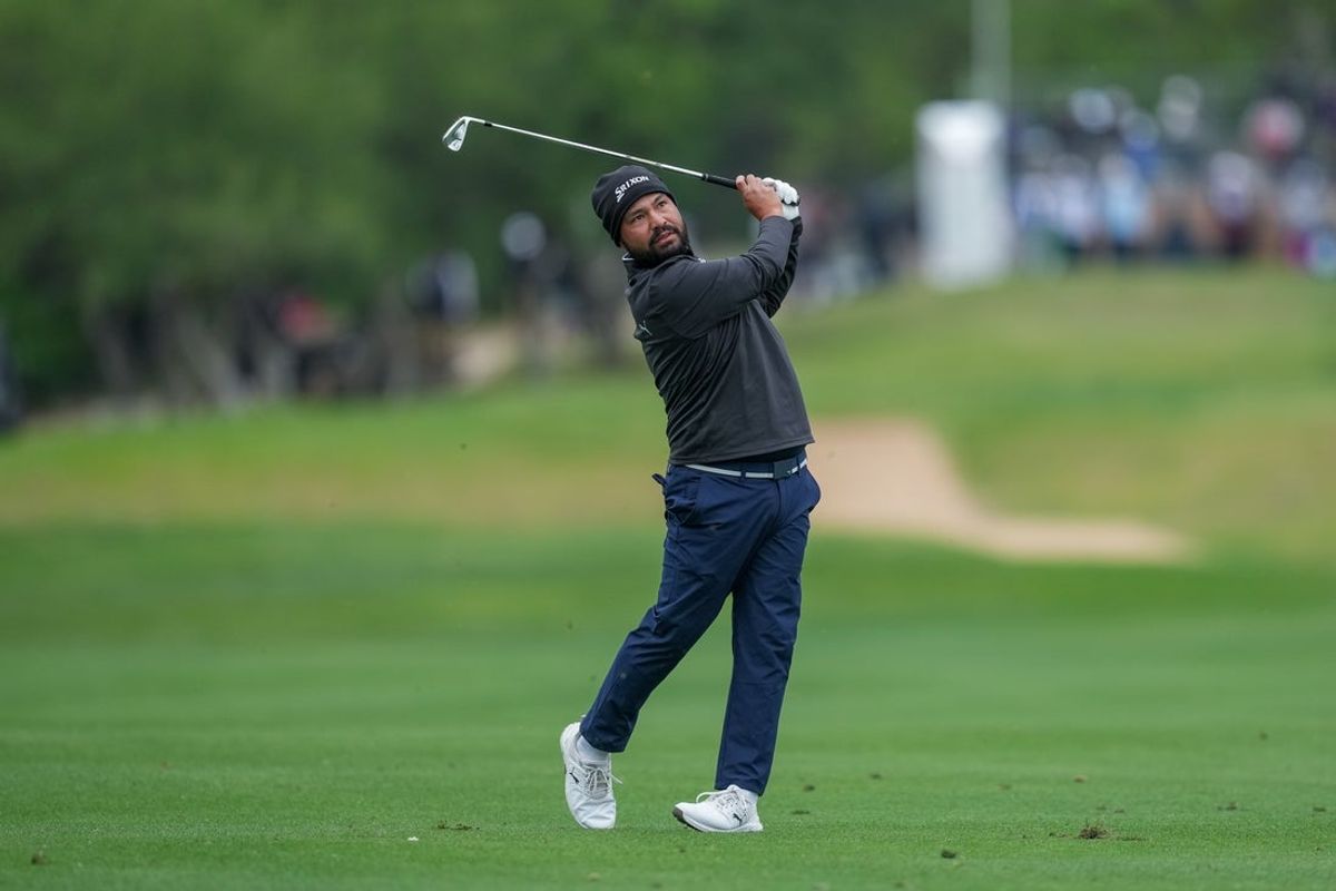 Apr 5, 2026; San Antonio, Texas, USA; J.J. Spaun watches his shot on the first fairway during the final round of the Valero Texas Open golf tournament. Mandatory Credit: Daniel Dunn-Imagn Images