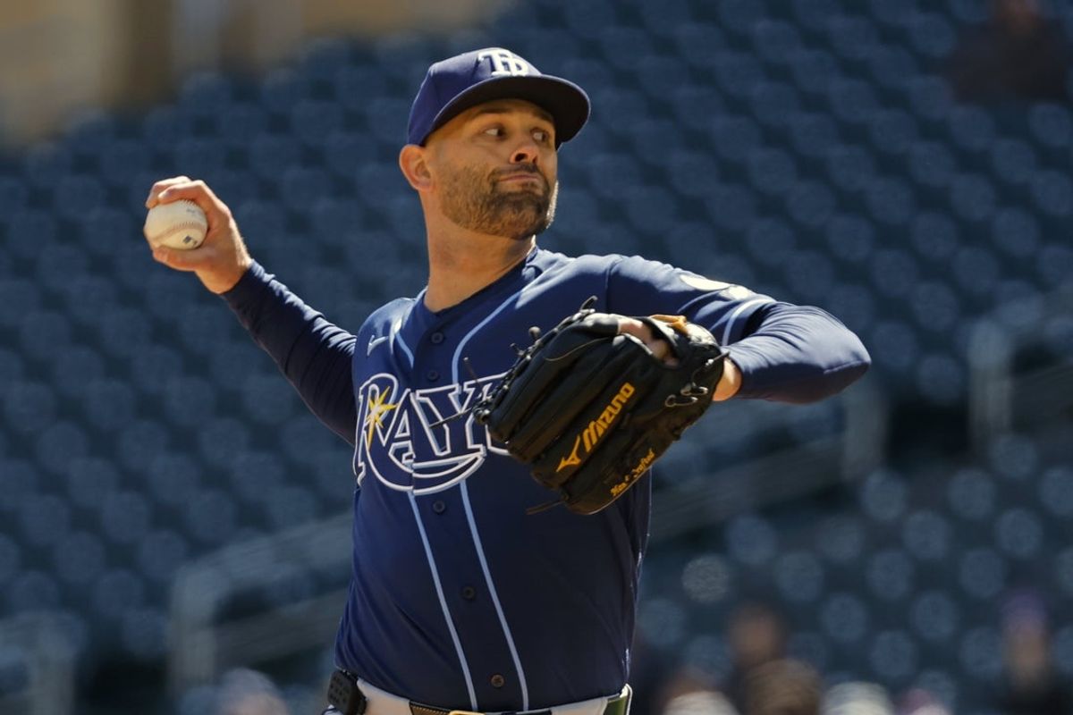 Apr 5, 2026; Minneapolis, Minnesota, USA; Tampa Bay Rays starting pitcher Nick Martinez (28) throws to the Minnesota Twins in the second inning at Target Field. Mandatory Credit: Bruce Kluckhohn-Imagn Images