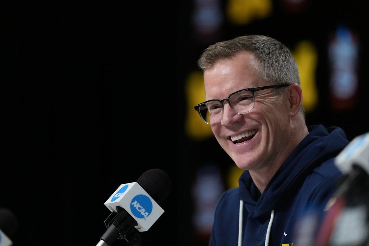 Apr 5, 2026; Indianapolis, IN, USA; Michigan Wolverines head coach Dusty May during a press conference ahead of the Final Four of the men's 2026 NCAA Tournament at Lucas Oil Stadium. Mandatory Credit: Bob Donnan-Imagn Images