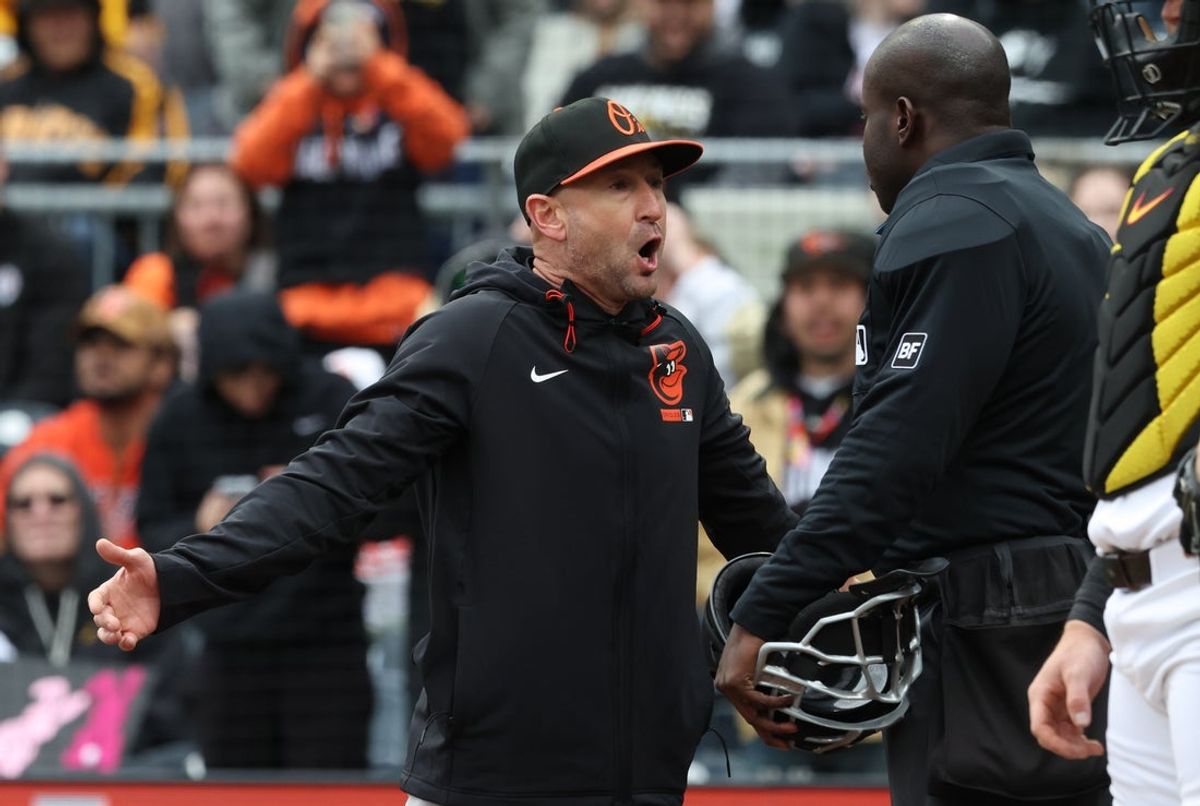 Apr 5, 2026; Pittsburgh, Pennsylvania, USA;  Baltimore Orioles manager Craig Albernaz (55) argues with home plate umpire James Jean (61) after being ejected from the game against the Pittsburgh Pirates during the third inning at PNC Park. Mandatory Credit: Charles LeClaire-Imagn Images