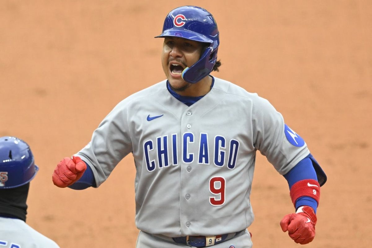 Apr 5, 2026; Cleveland, Ohio, USA; Chicago Cubs catcher Miguel Amaya (9) celebrates his RBI single in the eighth inning against the Cleveland Guardians at Progressive Field. Mandatory Credit: David Richard-Imagn Images