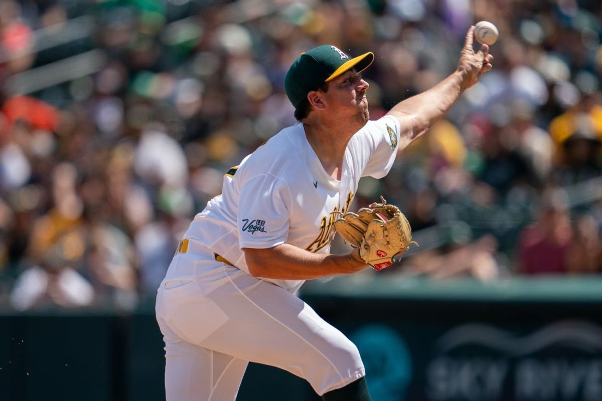 Apr 5, 2026; West Sacramento, California, USA; Athletics starting pitcher Jacob Lopez (57) delivers a pitch against the Houston Astros during the first inning at Sutter Health Park. Mandatory Credit: Neville E. Guard-Imagn Images