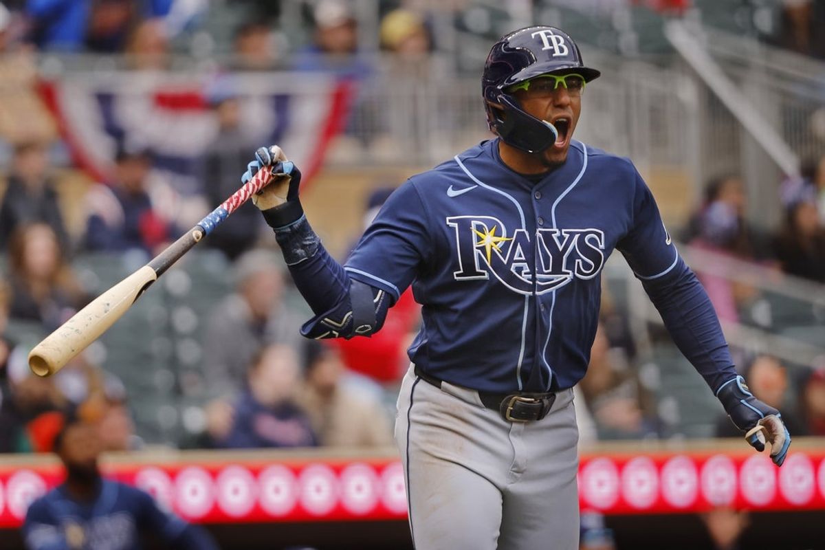 Apr 5, 2026; Minneapolis, Minnesota, USA; Tampa Bay Rays second baseman Richard Palacios (1) hits a two run home run against the Minnesota Twins in the tenth inning at Target Field. Mandatory Credit: Bruce Kluckhohn-Imagn Images