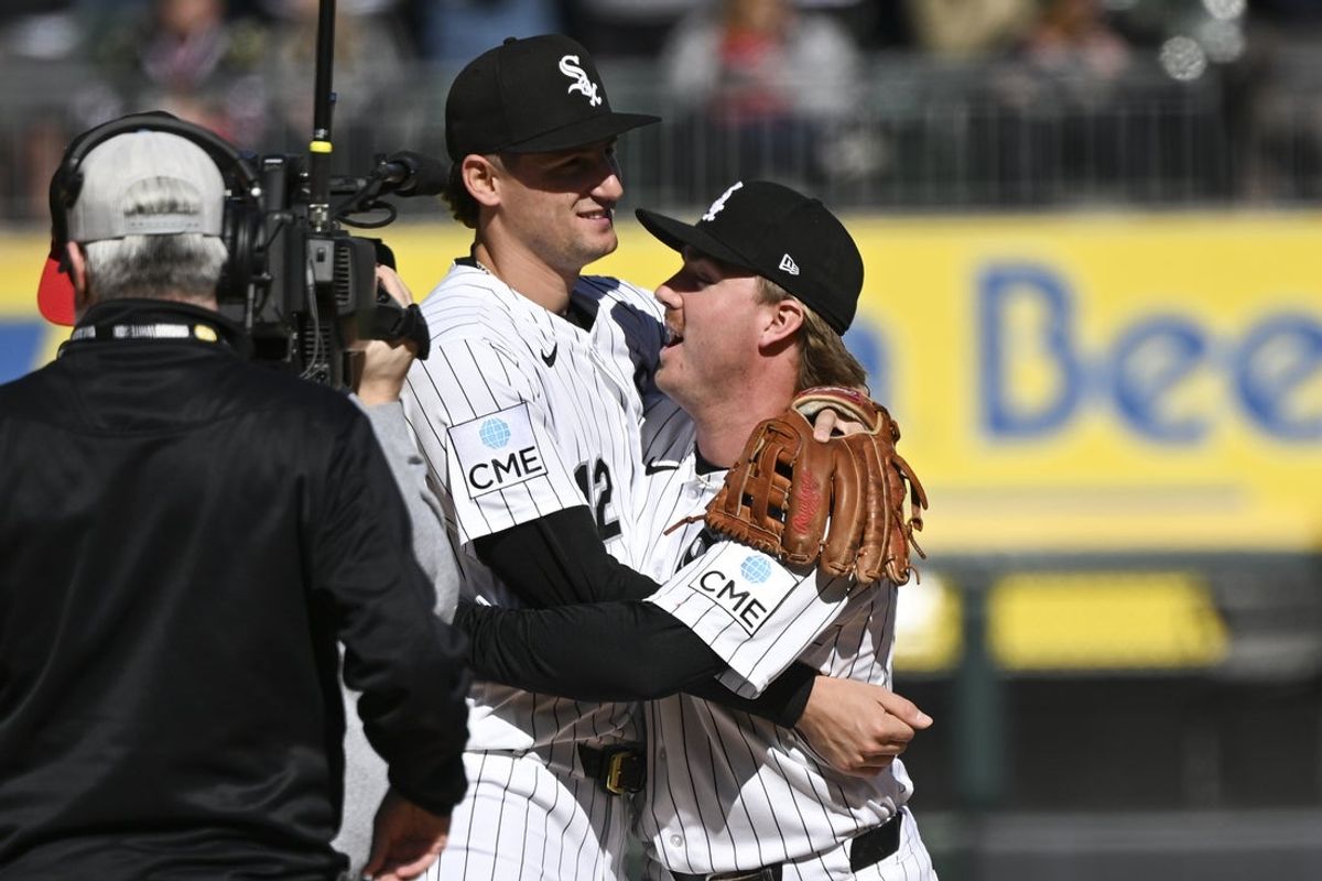 Apr 5, 2026; Chicago, Illinois, USA;  Chicago White Sox shortstop Chase Meidroth (10) and  shortstop Colson Montgomery (12) hug  after the against the Toronto Blue Jays  at Rate Field. Mandatory Credit: Matt Marton-Imagn Images