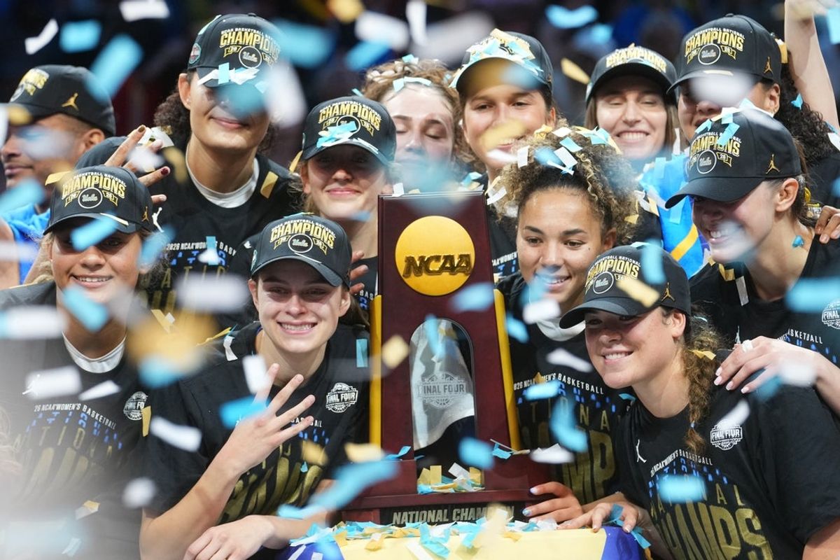 The UCLA Bruins celebrate their 79-51 win over the South Carolina Gamecocks to claim the NCAA women's basketball national championship at Mortgage Matchup Center in Phoenix on April 5, 2026.