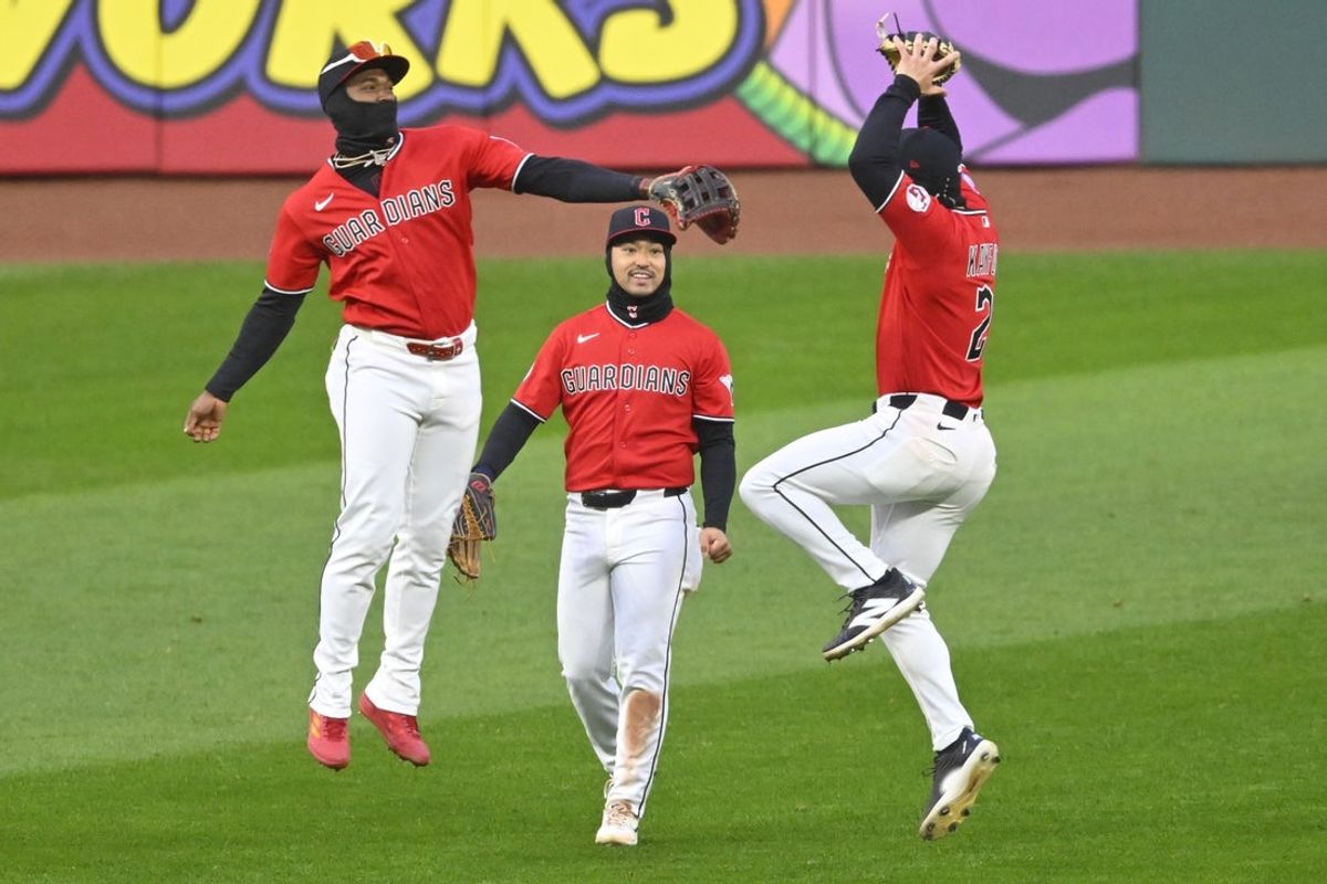 Apr 5, 2026; Cleveland, Ohio, USA; The Cleveland Guardians celebrate a win over the Chicago Cubs at Progressive Field. Mandatory Credit: David Richard-Imagn Images