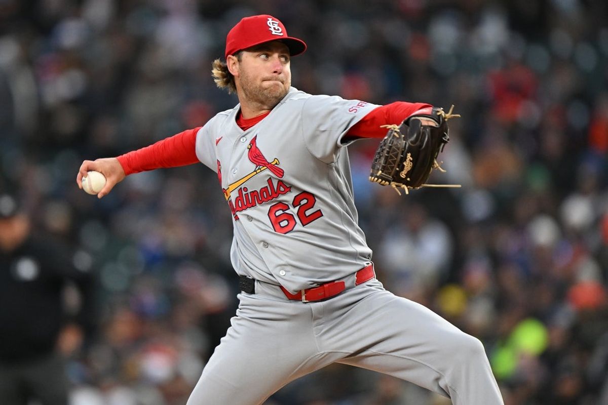 Apr 5, 2026; Detroit, Michigan, USA;  St. Louis Cardinals starting pitcher Kyle Leahy (62)  throws a pitch against the Detroit Tigers in the first inning at Comerica Park. Mandatory Credit: Lon Horwedel-Imagn Images
