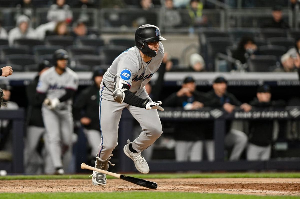 Apr 5, 2026; Bronx, New York, USA; Miami Marlins third baseman Graham Pauley (21) runs the bases after hitting a two RBI double against the New York Yankees during the eighth inning at Yankee Stadium. Mandatory Credit: John Jones-Imagn Images