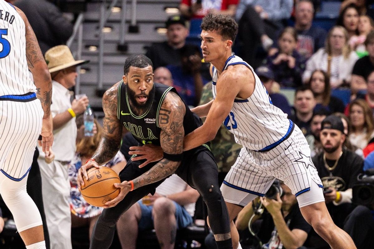 Apr 05, 2026; New Orleans, LA, USA; New Orleans Pelicans guard/forward Saddiq Bey (41) handles the ball against Orlando Magic forward Jett Howard (23) in the first half at Smoothie King Center. Mandatory Credit: Stephen Lew-Imagn Images