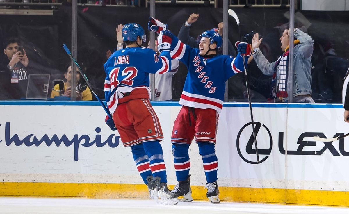 Apr 5, 2026; New York, New York, USA; New York Rangers left wing Adam Sykora (38) celebrates his goal with center Noah Laba (42) during the second period against the Washington Capitals at Madison Square Garden. Mandatory Credit: Danny Wild-Imagn Images