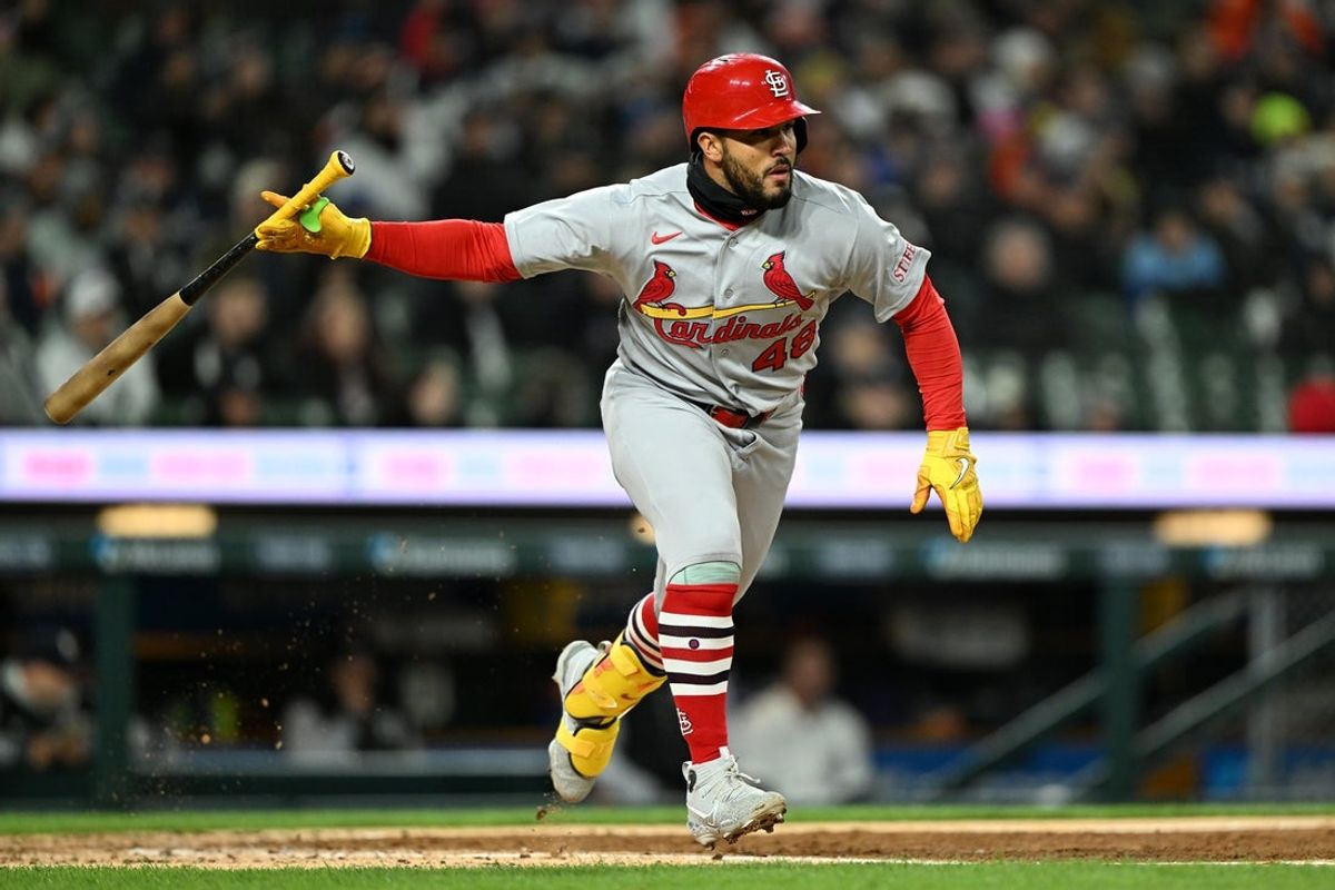 Apr 5, 2026; Detroit, Michigan, USA;  St. Louis Cardinals designated hitter Iván Herrera (48) drives in a pair of runs on a single against the Detroit Tigers in the fifth inning at Comerica Park. Mandatory Credit: Lon Horwedel-Imagn Images