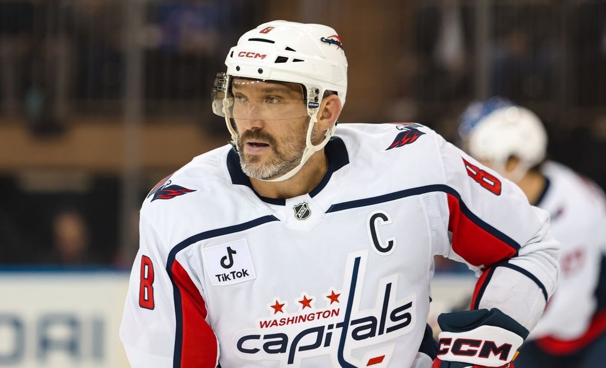 Apr 5, 2026; New York, New York, USA; Washington Capitals left wing Alex Ovechkin (8) skates against the New York Rangers during the third period at Madison Square Garden. Mandatory Credit: Danny Wild-Imagn Images